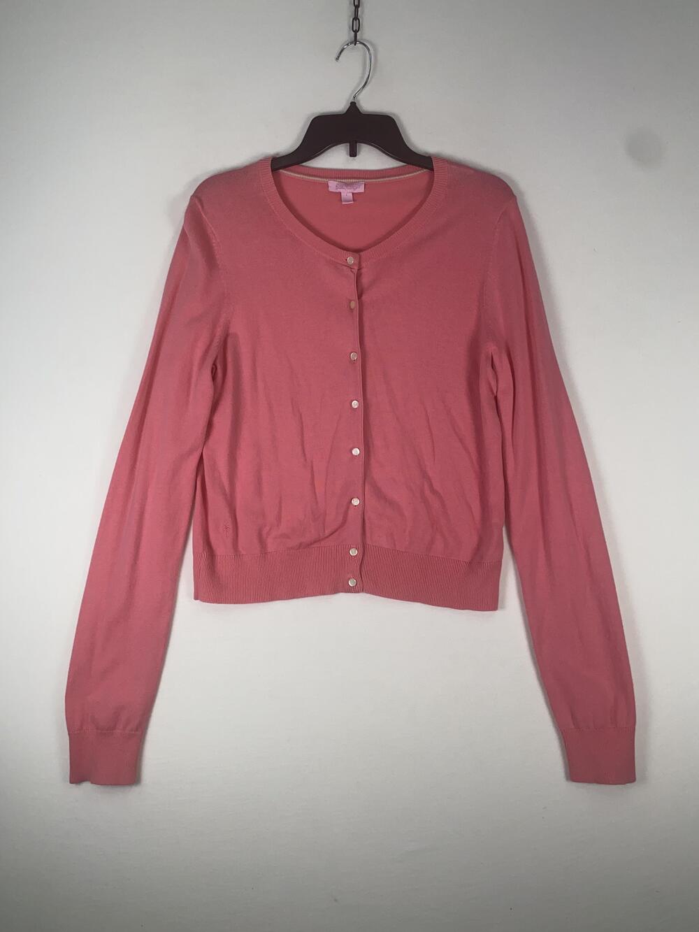 Lilly Pulitzer Cardigan Sweater Womens Large Pink Button Crew Neck Stretch Knit